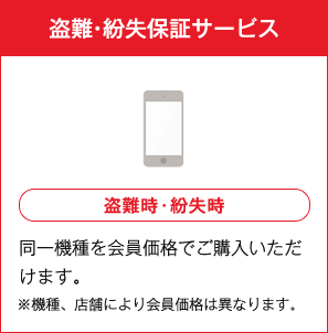 盗難・紛失保証サービス 盗難時・紛失時 同一機種を会員価格でご購入いただけます。 ※機種、店舗により会員価格は異なります。