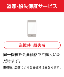 盗難・紛失保証サービス 盗難時・紛失時 同一機種を会員価格でご購入いただけます。 ※機種、店舗により会員価格は異なります。