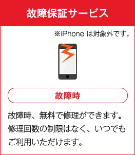 故障保証サービス ※iPhoneは対象外です。 故障時 故障時、無料で修理ができます。修理回数の制限はなく、いつでもご利用いただけます。