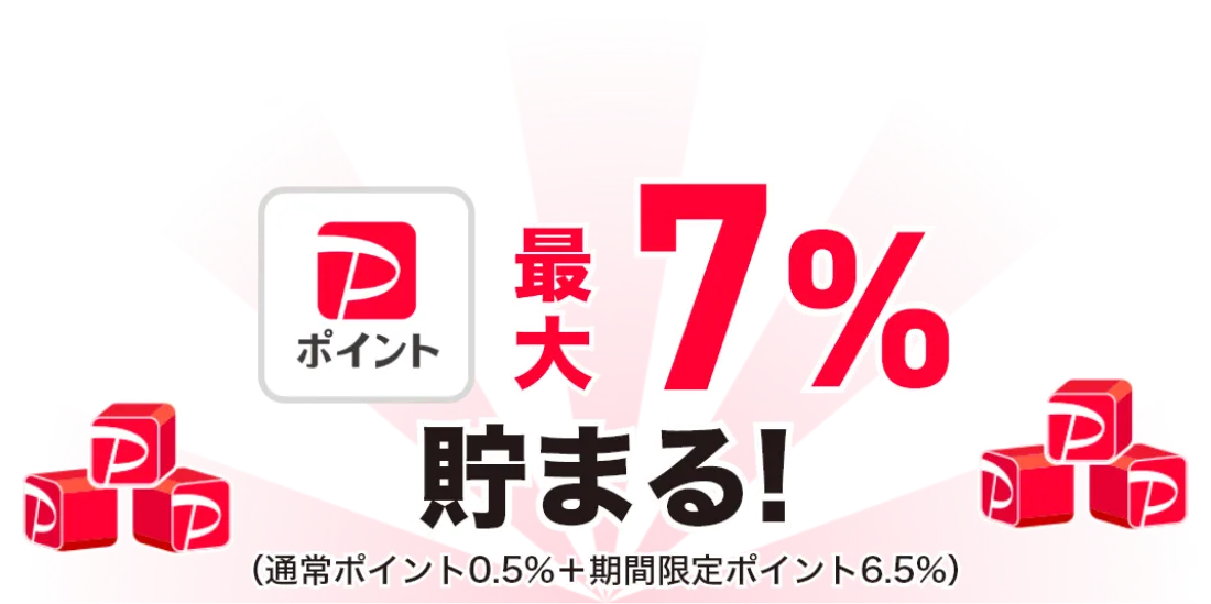 PayPayポイントが最大7％貯まる（通常0.5％＋期間限定6.5％）
