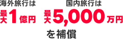 海外旅行は最大1億円 国内旅行は最大5,000万円を補償