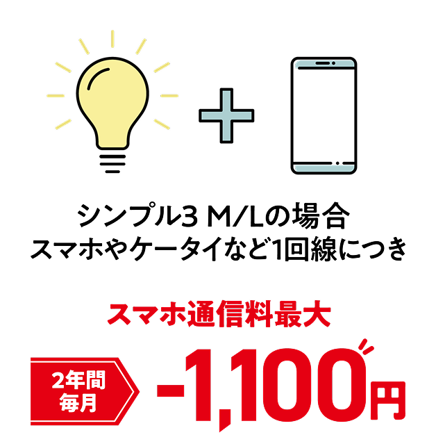 シンプル3 M/Lの場合 スマホやケータイなど1回線につき スマホ通信料最大 2年間毎月-1,100円